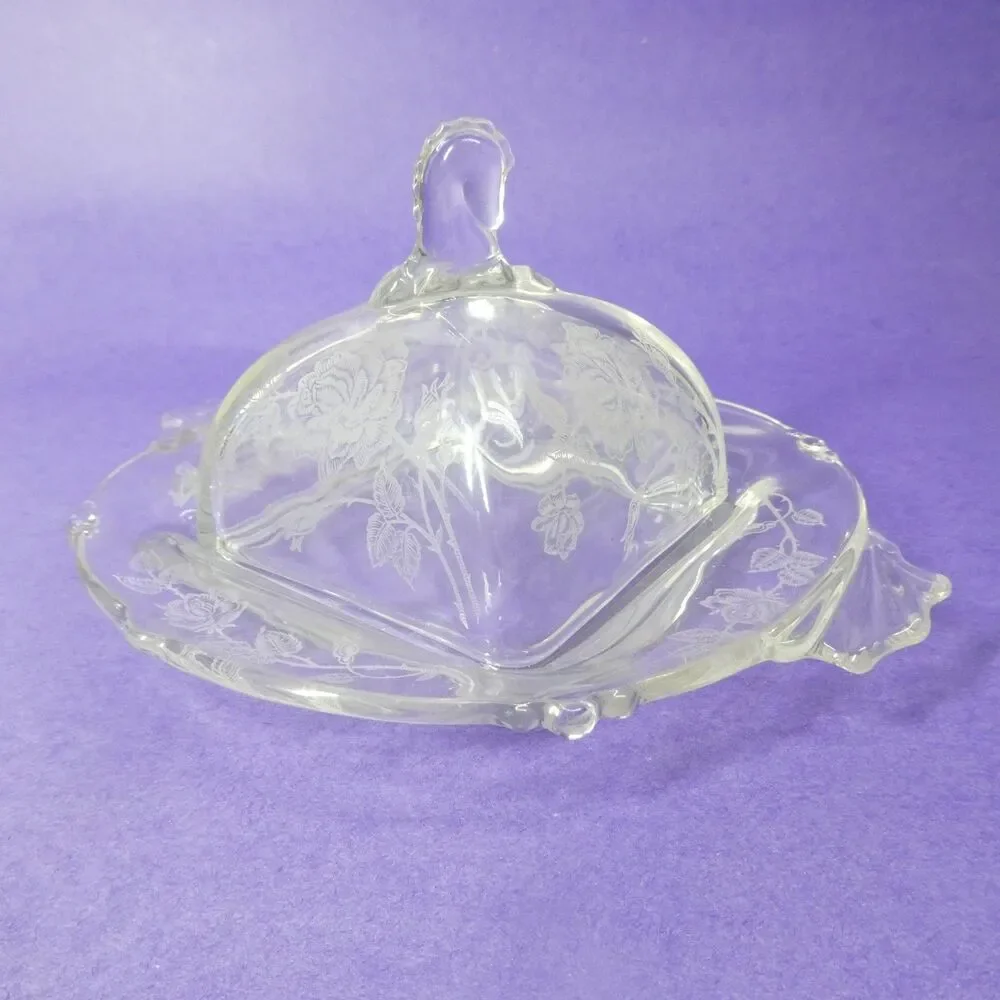 Heisey Rose Square Butter Dish With Lid - Clear Etched Glass Vintage